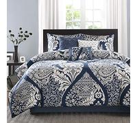 Madison Park Parure de lit légère Toutes Saisons, Couvre-oreillers, Cache-sommier et oreillers décoratifs, Satin de Coton, 100% Polyester, Indigo de Vienne, Grand lit (228,6 x 228,6 cm)