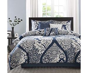 Madison Park Parure de lit légère Toutes Saisons, Couvre-oreillers, Cache-sommier et oreillers décoratifs, Satin de Coton, 100% Polyester, Indigo de Vienne, Grand lit (228,6 x 228,6 cm)