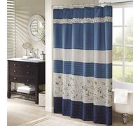 Madison Park Serene Rideau de Douche en Soie synthétique brodée Florale Lavable en Machine Décoration Moderne pour Salle de Bain, Bleu Marine, 183 x 183 cm