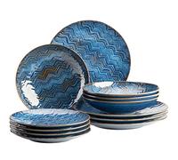 MÄSER 935072 Aquamarine Lot de 12 assiettes lasurées pour 4 personnes avec assiettes, assiettes creuses et assiettes à dessert en céramique de qualité supérieure, grès, bleu