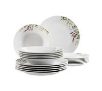 Mäser Herbal Garden Service de table pour 4 personnes avec décor floral détaillé, 18 pièces avec assiettes plates, assiettes creuses et assiettes à dessert, porcelaine, blanc