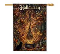 Magical Witch Balai et Chaudron Drapeau de Maison Halloween 71 x 101,6 cm | Thème sorcellerie, drapeau de cour, chaudron bouillonnant, silhouette de chat, feuilles d'automne, ambiance de forêt magique