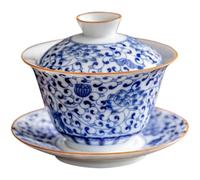 MAGICLULU Bol à Thé Classique Chinois en Céramique Bleue avec Couvercle et Soucoupe, pour Cérémonie de Thé, Facile à Nettoyer et Solide, 1 Set Pratique