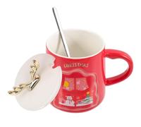 MAGICLULU Mug en Céramique de Noël 380ml avec Couvercle et Cuillère, Tasse à Café Rouge Décor Cerf Adorable pour Garçon et Filles Ambiance Festive