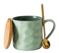 MAGICVOGEL Tasse à café moderne avec couvercle en bois et cuillère - 400 ml - Grande tasse en céramique - Avec grande anse - Pour le bureau et la maison - Vert