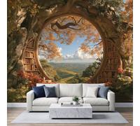 Magie Fantasy Papier Peint Panoramique 250L x 175H cm, Rustique Nature 3D Mur en Pierre Arche Arbre Affiche Fresque Murale, Jaune Chaud Papier Peint 3D Mural pour Salon Chambre d'enfants Salle de Jeu