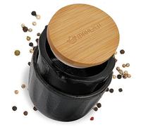 Mahlzeit Moulin à poivre en fonte Peppermill | Ø 7,5 x (H) 8 cm | Noir | Couvercle en bambou avec anneau en silicone | Moulin à épices, mortier à poivre, broyeur à herbes, mortier à épices