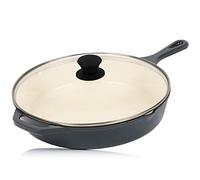 Mahlzeit Poêle en fonte émaillée avec couvercle - Diamètre : 29,5 cm - Blue Berry - Poêle à frire avec deux becs - Couvercle - Poêle universelle, poêle en fonte, poêle avec couvercle