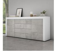 Mai & Mai Meuble de Rangement avec 2 Portes et 4 Tiroirs Casier de Rangement Polyvalent Buffet Blanc Mat + Béton 167x36x70 cm SR03