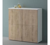 Mai & Mai Meuble de Rangement avec 4 Portes et 8 Compartiments Casier de Rangement Polyvalent Buffet Blanc Mat + Chêne Blanc Clair 100x36,4x98 cm SR04