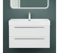 Mai & Mai Meuble Salle de Bain Blanc Mat Ensemble de 2 Pièces 90cm | Ensemble de Meubles, Lavabo Inclus, Meuble sous Lavabo Suspendu avec Tiroir, 90x48x60cm, Quadratto