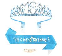 Maigendoo Couronne et écharpe pour 18e anniversaire - Couronne de princesse - Diadème en strass - Accessoires d'anniversaire - Diadème et écharpes - Fournitures de fête pour filles de 18 ans - Bleu