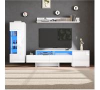 Maisentiel ensemble meuble TV mural 3 pièces blanc brillant avec LED, colonne, étagère murale et 2 tiroirs
