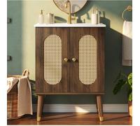 Maisentiel Meuble sous vasque 61 cm avec vasque céramique portes doubles en rotin coloris walnut sur pieds