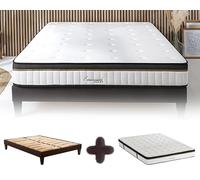 Maison Aubertin - Ensemble Matelas Sommier Emeraude 140x190, Ép 54, à Mémoire de Forme Haute Densité 60 kg/m³, Mousse à Cellules Ouvertes, Lit en Bois Massif, 2 Personnes