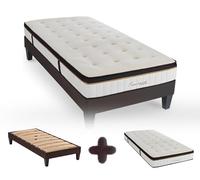 Maison Aubertin - Ensemble Matelas Sommier Emeraude 90x190, Ép 54, à Mémoire de Forme Haute Densité 60 kg/m³, Mousse à Cellules Ouvertes, Lit en Bois Massif, 1 Personne