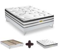 Maison Aubertin - Ensemble Matelas Sommier Hybride Concorde 160x200, Ép 56, Ressorts Ensachés & Mémoire de Forme Haute Densité 60 kg/m³, Lit en Bois Massif Blanc, 2 Personnes