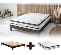 Maison Aubertin - Ensemble Matelas Sommier Hybride Concorde 180x200, Ép 56, 956 Ressorts Ensachés & Mémoire de Forme Haute Densité 60 kg/m³, Lit en Bois Massif, 2 Personnes, Ergonomique