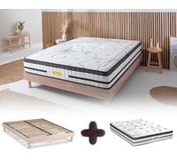 Maison Aubertin - Ensemble Matelas Sommier Hybride Concorde 180x200, Ép 56, Ressorts Ensachés & Mémoire de Forme Haute Densité 60 kg/m³, Lit en Bois Massif Naturel, 2 Personnes