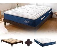 Maison Aubertin - Ensemble Matelas Sommier Hybride Dolce Vita 140x190, Ép 58, 713 Ressorts Ensachés & Mémoire de Forme Haute Densité 60 kg/m³, Lit en Bois Massif, 2 Personnes
