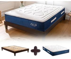 Maison Aubertin - Ensemble Matelas Sommier Hybride Dolce Vita 140x200, Ép 58, 759 Ressorts Ensachés & Mémoire de Forme Haute Densité 60 kg/m³, Lit en Bois Massif, 2 Personnes