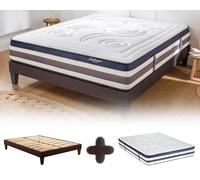 Maison Aubertin - Ensemble Matelas Sommier Quintessence 160x200, Ép 60, à Mémoire de Forme Haute Densité 60 kg/m³, Mousse à Cellules Ouvertes, Lit en Bois Massif, 2 Personnes