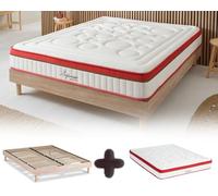 Maison Aubertin - Ensemble Matelas Sommier Suprême 160x200, Ép 54, Mémoire de Forme Haute Densité 60 kg/m³, Mousse à Cellules Ouvertes, Lit en Bois Massif Naturel, 2 Personnes