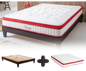 Maison Aubertin - Ensemble Matelas Sommier Suprême 180x200, Ép 54, à Mémoire de Forme Haute Densité 60 kg/m³, Mousse à Cellules Ouvertes, Lit en Bois Massif, 2 Personnes