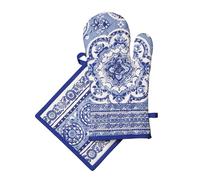 Maison d' Hermine Ensemble manique et Gant de Cuisine 100% Coton (19 x 33 cm et 20 x 20 cm) Gants résistants à la Chaleur pour Manipuler Les Plats Chauds, Printemps-été (Melodie Bleue)