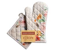 Maison d' Hermine Ensemble manique et Gant de Cuisine 100% Coton (19 x 33 cm et 20 x 20 cm) Gants résistants à la Chaleur pour Manipuler Les Plats Chauds, Printemps-été (Ibiza - Beige)