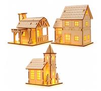 Maisons de village de Noël inachevées LED DIY Décoration de table en bois | Lot de 3 kits de bricolage à peindre, bâtiments lumineux d'hiver, décorations de cabane lumineuses à LED