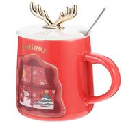 MAJORMENCH Mug de Noël Design Festif et Mignon en Céramique Rouge 380ml avec Couvercle et Cuillère, Tasse à Eau Créative pour Bureau et Hôtel pour Petit-déjeuner