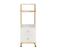 Makamsui Chariot de salon avec 4 roues et 2 tiroirs, chariot de salon roulant avec support de sèche-linge, étagères ouvertes, armoire de rangement moderne blanche et dorée pour salon de coiffure,