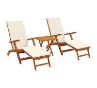 Makastle Transat de Jardin 3 pcs avec Table Pliable et Coussin, Dossier Réglable 5 Positions, Repose-Pieds Intégré, Bois d'Acacia Massif Huilé, Crème Blanc, 168 x 55 x 70 cm, 29,5 kg