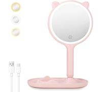 Makeup Mirror, 1x/5x Double-Sided Magnifying Mirror, 3 Light Colors, Adjustable Brightness, Usb Rechargeable, Ideal For Bedroom, Dressing Table, Pink