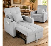 Makika Fauteuil Convertible Lit Tommy Pliable 3en1 avec Accoudoirs - Dossier réglable 6 Positions - 2 Coussins Porte-Boisson - Jusqu'à 150 kg Chauffeuse Rembourrée Canapé Salon Chambre Gris Clair