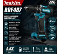 Makita DDF487 Perceuse-visseuse sans fil 18V sans balais, tournevis à percussion, kit d'outils électriques rechargeables pour la réparation automobile - 100% authentique, batterie Makita 18V 6Ah 1Batt