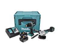 Makita DLX 2272 TJ Kit combiné meuleuse d'angle sans fil DGA 513 + perceuse-visseuse à percussion sans fil DHP 484 + 2x batterie 5,0 Ah + chargeur + Makpac