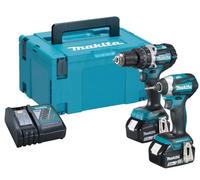 Makita DLX2181TJ - Jeu D'outils Sans-fil - 18V Li-ion - Perceuse À Percussion DHP484 & Perceuse Visseuse À Percussion DTD154 - 2 Batteries 5,0 Ah - MAKPAC - Brushless