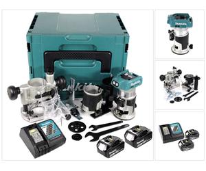 Makita DRT 50 RMJ X2 18 V Li-Ion Affleureuse plaque de plâtre sans fil Brushless avec boîtier Makpac + 2x Batteries BL 1840 4,0 Ah + Chargeur DC18RC + Module de fraisage