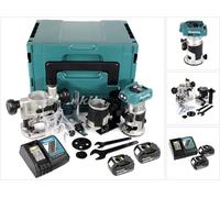 Makita DRT 50 RTJ X2 18 V Li-Ion Affleureuse plaque de plâtre sans fil Brushless avec boîtier Makpac + 2x Batteries BL 1850 5,0 Ah + Chargeur DC18RC + Module de fraisage