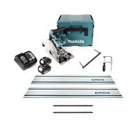 Makita DSP 600 STJ Scie plongeante sans fil 36V (2x 18V) Brushless + 2x guide-chaîne + guide parallèle + serre-joints + connecteur de guide-chaîne + 2x batterie 5,0Ah + chargeur + Makpac