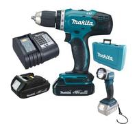 Makita - Set perceuse et lampe de poche LED 18V sans fil, 2 batteries Li-Ion de 1,5 Ah, chargeur DDF453SYEL