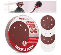 Makiwork Lot de 30 Disques Abrasifs 225 mm Grain 180 - 6 Trous - Auto-Agrippants - pour Ponceuse Girafe - Idéal Ponçage Mur, Placo et Cloisons Sèches