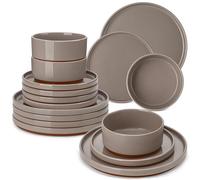MALACASA Assiettes Service de Table 6 Personnes, 18 Pièces Set Vaisselle avec Assiettes Plates, Bols à Céréales, Lavable au Lave-vaisselle et Micro-ondes, Marron - Série LEAH