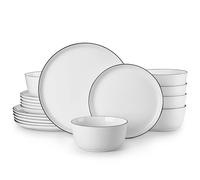 MALACASA Assiettes Service de table 6 Personnes, Set de 18 Pièces Vaisselle et Plats de Service en Porcelaine Blanche avec Bord Noir - Série LEXI