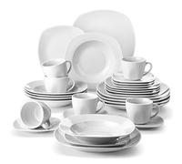 MALACASA ELISA Service de table 30 pièces en porcelaine pour 6 personnes, vaisselle carrée en céramique résistante aux éclats et aux rayures, assiettes et bols, tasses et soucoupes Gris blanc