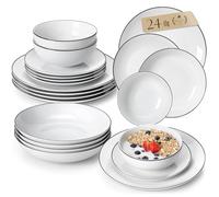 MALACASA Série AMELIA Service de Table Rond en Porcelaine pour 6 Personnes avec Assiettes Plates/Creuses/Dessert, Bols à Céréales, 24 Pièces Set Assiettes Blanc avec Bord Noir