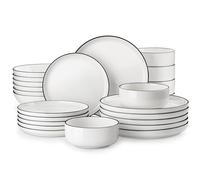 MALACASA Série LUNA Service de Vaisselle Rond 24 Pièces en Porcelaine pour 6 Personnes avec Assiettes Plates, Salade, Creuses, Bols, Service de Table Blanche avec Bord Noir