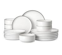 MALACASA Série LUNA Service de Vaisselle Rond 36 Pièces en Porcelaine pour 12 Personnes avec Assiettes Plates, Assiettes à Dessert, Bols à Céréales, Blanche avec Bord Noir